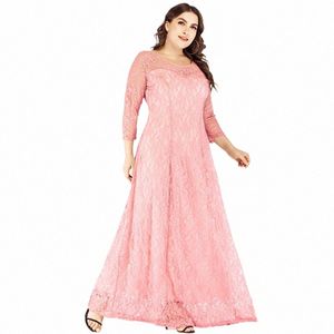 Edru Plus Size Mulheres Lace Evening Party Dr 3/4 Manga A Linha Rosa Lg Grande 4XL 5XL 6XL Mãe da Noiva Dr SJ-1868 J7MZ #