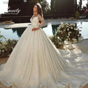 Urban Sexy Dresses Luxury Wedding Dress Chiffon مع زخرفة الدانتيل ترتر الكرة قطار كامل الأكمام O-Neck Bride Button Vestido de Novia YQ240329