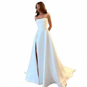 Sumnus White Satin A Line Wedding Dres STRAPL Hight Split LG Wedding Party Downs with Train Simple Bride DR 2024 94TX#