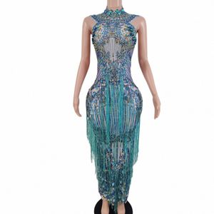 Фестивальная одежда Party Celebrate Glisten Rhinestes Костюм Lg Dr Sparkly Fringes Dr Singer Performance Tassels Dr V6MO #