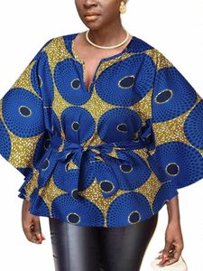 Plus storlek 5xl Vonda Women Tunic Tops 2023 Fi 3/4 Sleeve Casual Printed Bohemian Blus V-Neck Loose Belted Party Shirts 5085#