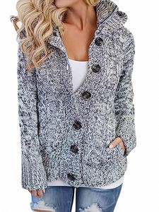 cable Knit Butt Down Hooded Cardigan Casual Lg Sleeve Sweater Coat With Pocket Women's Clothing P2d1#