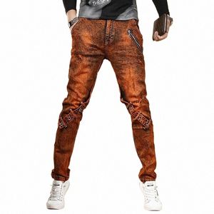 Jeans strappati vintage arancioni da uomo autunno slim fit pantaloni gamba dritta streetwear pantaloni patchwork casual in denim CP2096 M0SD #