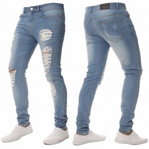 spring Men Stylish Ripped Destroyed Beggar Skinny Jeans Pants Male Hip Hop High street Solid Jogging Pencil Denim Trousers v62d#