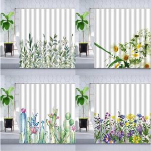 Shower Curtains Green Leaf Curtain Tropical Plant Cactus Flower Leaves Daisy Printing Home Decor Bathroom Polyester Hanging Set