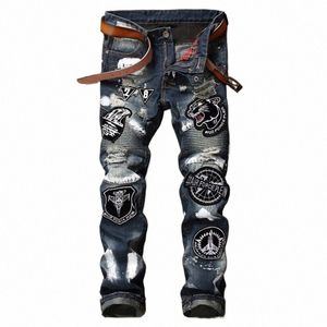 Yeni Fi Erkek Giyim Ekleme Kulübü Tarzı Denim Pantolon Nakış Tiger Head İnce Küçük Düz Bacak Kot Pantolon X8ue#