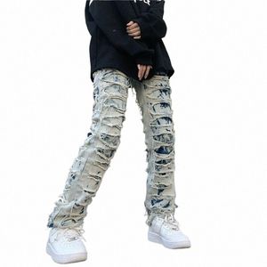 Snow Wed Man Рваные джинсы Slim Fit Прямые джинсовые тяжелые уличные нашивки Мужские брюки R2Tw #