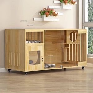 Cat Carriers Solid Wood Light Luxury Cages Small Animals Nest Simple House Semi-enclosed Pulley Cats Villa Home Pet Store Cabinet