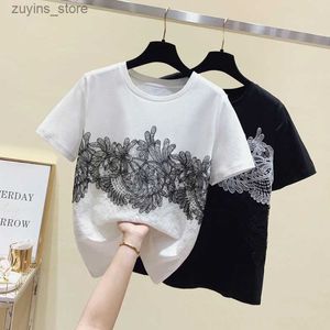 女性用Tシャツの夏の新しいレースステッチペタルスリーブOネックショートスリーブTシャツレディースファッションカジュアルルーズソリッドカラービンテージブラウスTOPS24329