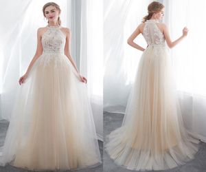 New Designer Champagne Halter Neck A Line Tulle Wedding Dresses Lace Appliqued Sleeveless Summer Beach Wedding Bridal Gowns CPS1013312300