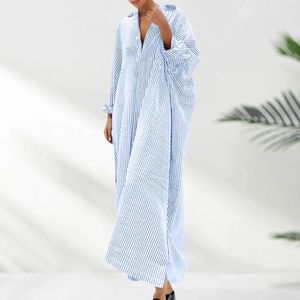 Casual Dresses Women Loose Shirt Dress Striped Printing Button Lapel Long Sleeves Plus-size V-neck Cotton Linen Vestido