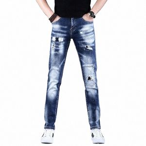 dżinsy Summer Risped Men swobodne lekkie niebieskie spodnie Patch Jean Streetwear Fi Slim Fit Denim Spodni G7m6#