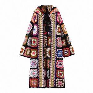 2021 Bohemia Colored Plaid Fr Hand Crochet Hooded Cardigan Ethnic Woman Bandage Lacing up Midi Lg Sweater Beach Jumper r6Mj#