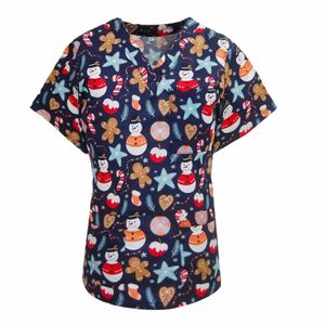 FI Christmas Scrubs toppar kliniska uniformer 3 Pocket SHORT SLEEVE V-Neck Topps Nurse Uniform T-shirts Medical Scrubs Blus W5HU#