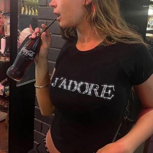 Kadın Tişörtleri T-Shirt Kadın Rhinestones Grafik Üst 2024 Seksi Komik Üstler Harajuku Y2K Bebek Tee O-Neck Sıradan Kısa Tshirt Yaz