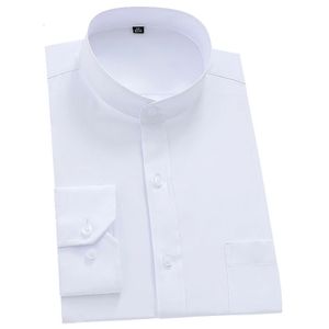 Mandarin Bussiness Formal Shirts for Men Chinease Stand Collar Solid Plain White Dress Shirt Regular Fit Long Sleeve Male Tops 240320