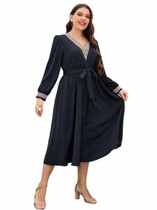 gibsie plus size ctrast v leck bewop sleeve belted dr 여자 스프링 가을 우아한 거리 a-line casual lg dres 08qn#