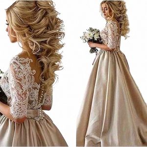 Boho szata de Mariee Vestido Novia Wedding Dr Satin Lgue Half Rleeves Robe de Soiree Lace Robe de Soiree Bride to Be J7MV#