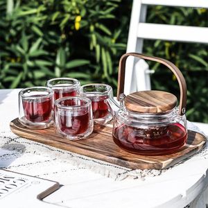 Teaware Sets High Temperature Resistant Glass Teapot Set With Five Pcs 1 4 Teacups Wooden Tray Family Business Characteristic Gifts