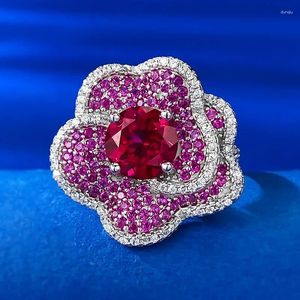 Cluster Rings Charm Big Flower Ruby Diamond Ring Real 925 Sterling Silver Party Wedding Band For Women Bridal Engagement Jewelry
