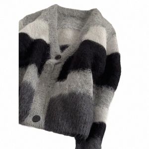 pigro scollo a V lavorato a maglia delle parti superiori delle donne Autunno Inverno nero grigio a righe maglioni Mujer Y2k E-Girl manica Lg soffici cardigan 95kO #