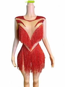 Meizhou Multicolor Diamd Tassel Perspective Mesh Elastic Slimming Latin Dance Jumpsuit Stage Performance Clothing W5DV#