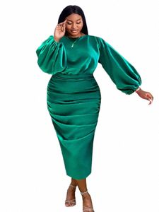 pleated Green Satin Dres Lg Lantern Sleeve High Waist Soft Midi Evening Birthday Club Party Plus Size Outfits for Women 4XL I4LN#