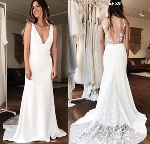 Sexy Deep Vneck Sheath Wedding Dresses White Ivory 3D Lace Robe De Maria Backless Chapel Train Bridal Gown Custom Made5021728