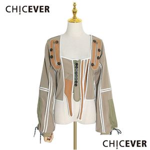 Женские куртки Chicever Work Hit Color Irregar Пальто для женщин Квадратный воротник с рукавами-фонариками на шнуровке Женская мода 2021 Drop D Dhtwo