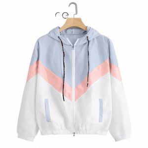 FI Hooded Windbreaker Jacket Kvinnor Elegant färgblock Patchwork dragkedja Bomber Jacket Autumn Casual Coat Ytterkläder Raincoat W3U7#