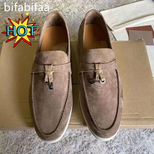 LP Shoes Summer Walk Charms Suede Loafers Moccasins Aprikos äkta läder Men Casual Slip On Flats Women Luxury Designers Flat Dress Shoe Factory Factorwear 35-45