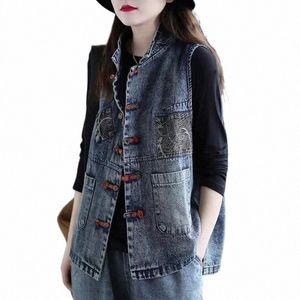 Gilet di jeans da donna Cott Primavera ed estate Corto Plus Size Gilet stile cinese Retro coreano Fiable Sleevel Jacket Donna b3zH #