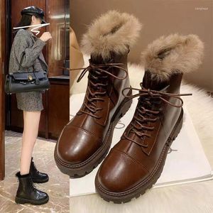 Boots Women Leather Flat Platform Mid-Calf Ladies Shoes Fashion Winter Plush Fur Warm 35-40
