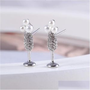 Stud Earrings European And American Accessories Wholesale Champagne Glasses Wine Inlaid With Pearl Design Goblet Ear Studs Drop Delive Ot1Rh