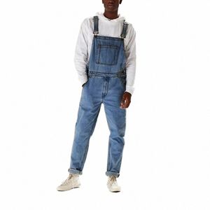 ljusblå mäns hängbyxor gata stora fickor casual denim overall manliga arbete byxor y0kd#