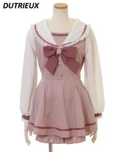 Rojita Japanese Sailor Collar spring Summer Sweet Lolita Bow Shorts Suit Womens Twopiece Set 240323のためのロングスリーブドレス