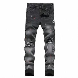 män svart mager denim spot jeans man rippade stretch passar jeans män smala byxor passar lg byxor streetwear casual byxor y0ed#