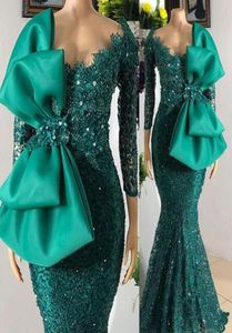 2021 Green Mermaid Devel Dresses Lace Beded Crystals Deep V Neck 34 Long Sleeves Bow Bow Custom Made Prom Party Barty 4422345