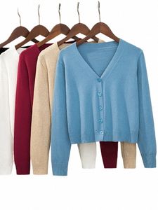 Tröja stickad Cardigan Butt Jacket 2024 Autumn Winter V-Neck LG Sleeve Casual Short Tops For Women Sweater Grey White I4FD#