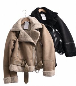 Kış kalın parka sıcak süet kuzu kürk ceket kadınlar sahte shearling shearling shearling shearling deri ceketler dış giyim kısa motosiklet bisikletçisi ceket i8pv#