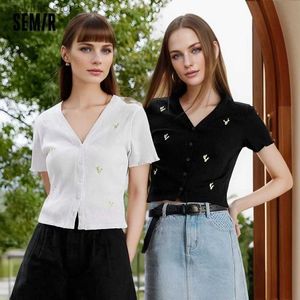 Women's T-Shirt Semir 2024 Short Sleeve T-shirts Women Short Spring Summer Tight Embroidery Hot New V-Neck Knitted Cardigan Style Tee shirts24329