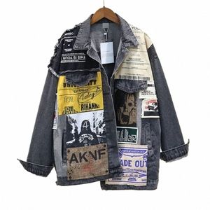 Vintage manica intera Appliques modello di giornale di grandi dimensioni giacca di jeans nera per il tempo libero tendenza cappotto autunno nuova giacca di jeans DF4950 b4ao #