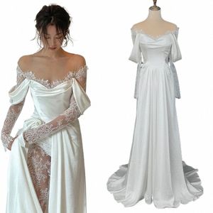 Illusi Tulle Off Shoulder Lace Wedding Gowns Big Size Custom Made A Ling Sleeves Ruched Satin High Slit Bridal DR 80RN＃