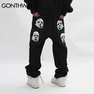 Hip Hop Gothic Denim Spods Streetwear Mens Graphic Print workowane punkowe rock dżinsy Harajuku swobodne luźne spodnie dżinsowe czarne 240318