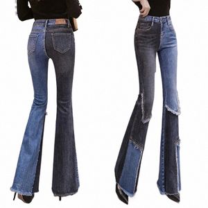 Vintage Ctrast Patchwork Queimado Jeans Senhoras Stretch Cintura Alta Skinny Boot-Cut Calças Mujer Fi Denim Calças Para Mulheres D8sB #