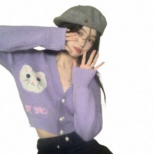 Damenpullover mit V-Ausschnitt, koreanische Version, Katze-Stickerei, lässig, süßes Fi-Temperament, lila, kurzer Pullover, Strickjacke L4Wy #