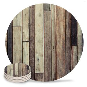 Table Mats Wood Planks Retro Texture Ceramic Set Coffee Tea Cup Coasters Kitchen Accessories Round Placemat