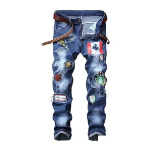 Jeans masculinos mens novo morreu rasgado wshaed magro magro reto moda motocicleta moto motociclista es crachá drop entrega vestuário roupas dhoia