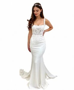 white Mermaid Wedding Dr Square Collar Lace Appliques For Women Satin Robe De Mariee Floor Length Bridal Gowns Sweep Train q7sH#
