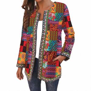 Outono inverno feminino boho étnico cardigan fi retro impressão jaqueta solta manga lg casaco vintage com bolsos chique topo p9i9 #